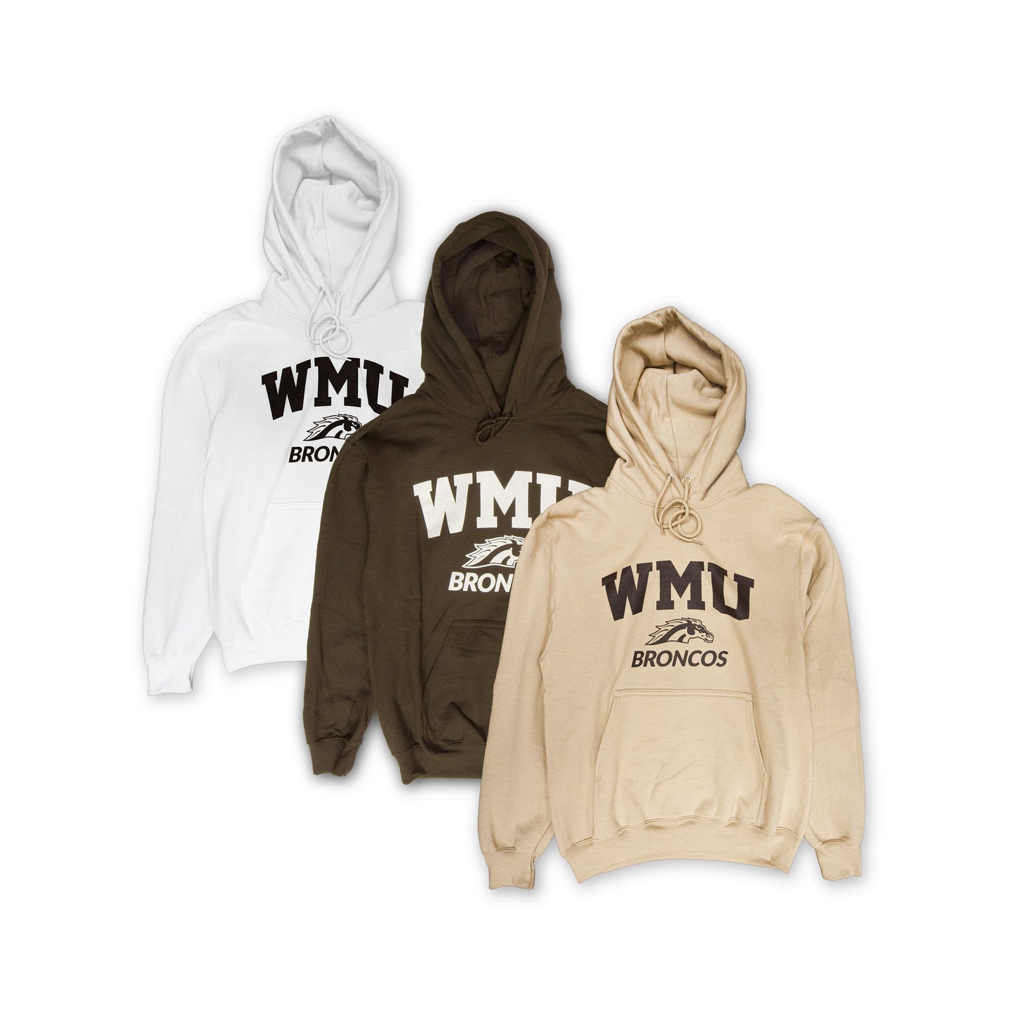 Three hooded sweatshirts in white, brown, and beige colors, all featuring 'WMU BRONCOS' text on the front.
