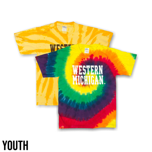 Two Western Michigan tie-dye youth tees displayed frontally with 'Western Michigan' text