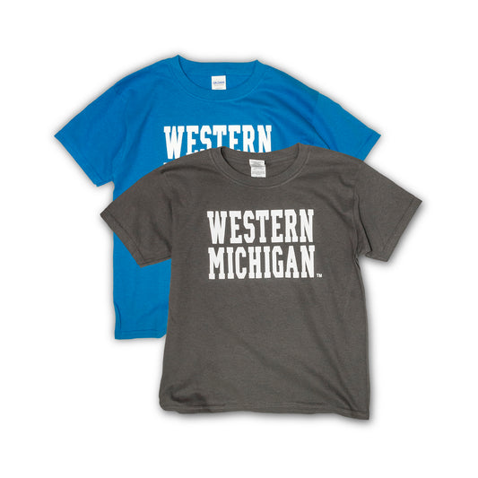 Stacked youth t-shirts in two colors, with the 'Western Michigan' text printed across the front of each shirt in a larger, bold font.