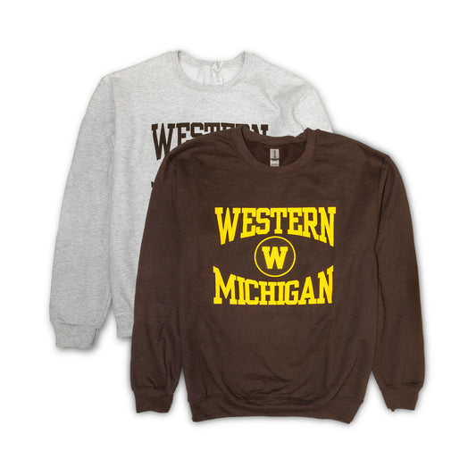 Two crewneck sweatshirts, one in ash gray and one in dark chocolate brown, both with 'Western Michigan' text printed across the front, around a circle w logo.