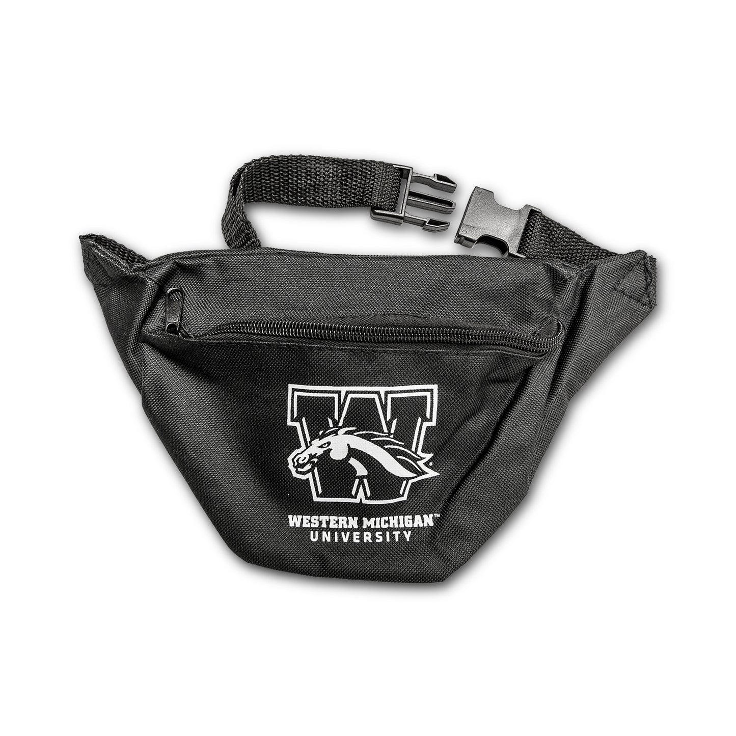 A black fanny pack with a logo of Western Michigan University on the front, featuring an adjustable nylon waist strap with a plastic buckle.