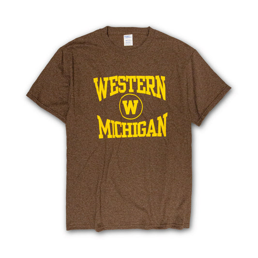 A brown t-shirt with 'WESTERN MICHIGAN' and a W logo in yellow on the front.