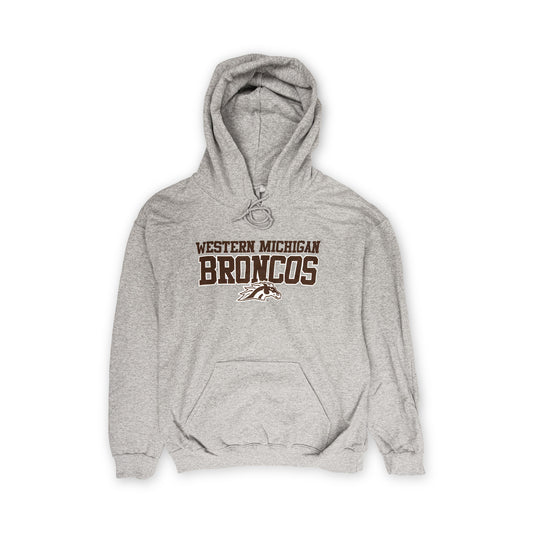 Gray hoodie with 'Western Michigan Broncos' text on a white background
