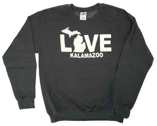 A black crewneck sweatshirt with 'LOVE KALAMAZOO' printed in white on the front.