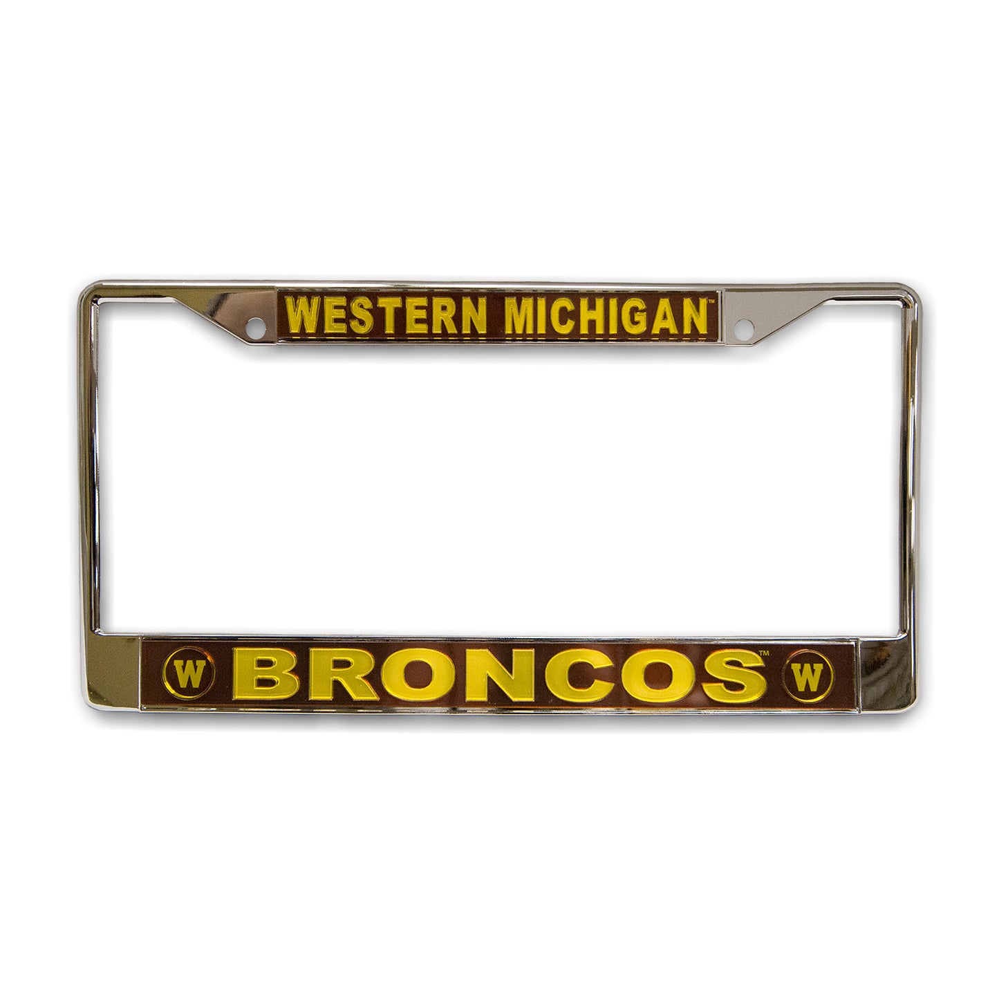 A metal license plate frame with 'Western Michigan' and 'BRONCOS' text, along with the logo 'W' for Western Michigan University.