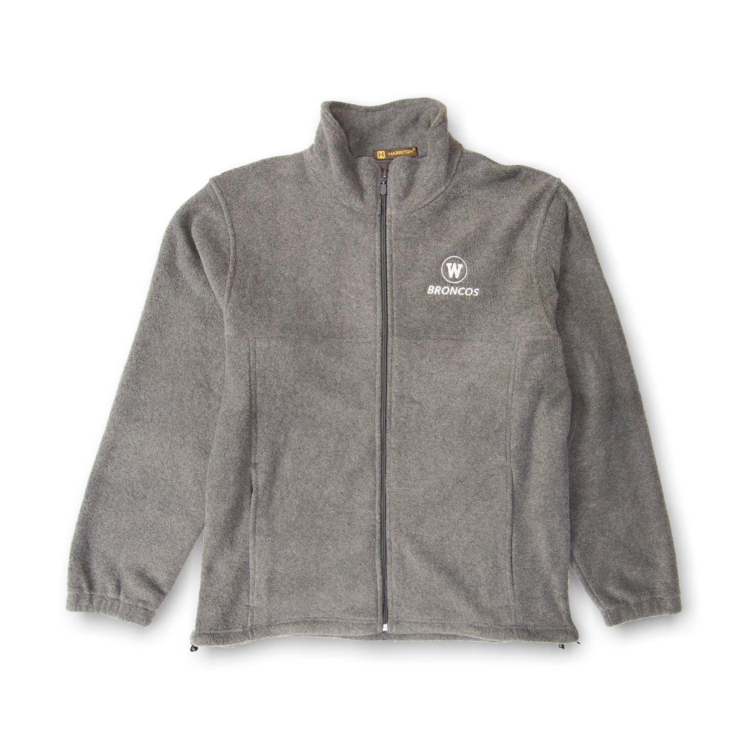 A gray fleece jacket with a full zipper, drawcord at the bottom hem, and embroidered 'W Broncos' logo on the chest.