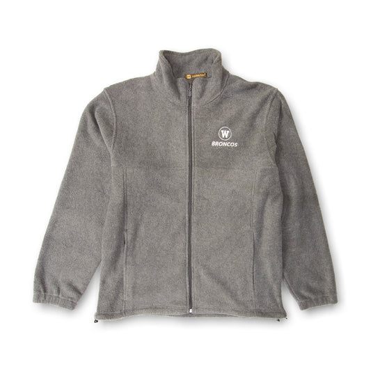 A gray fleece jacket with a full zipper, drawcord at the bottom hem, and embroidered 'W Broncos' logo on the chest.