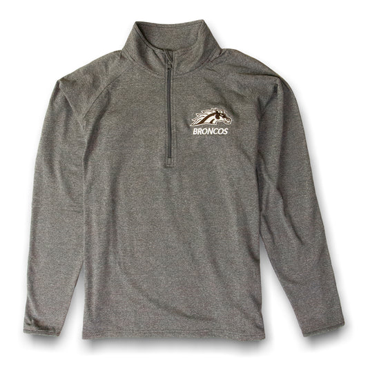 A gray quarter-zip athletic pullover with long sleeves, featuring broncos logo embroidery on the chest.