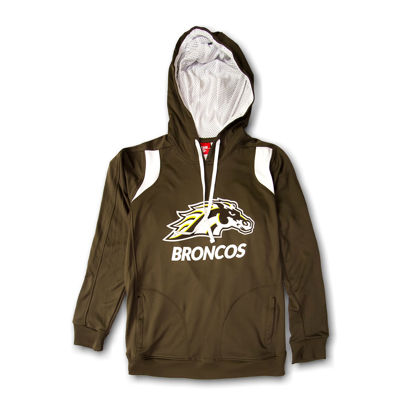 A hooded sweatshirt with the word 'BRONCOS' and a horse head logo on the front, primarily in brown color with white accents.