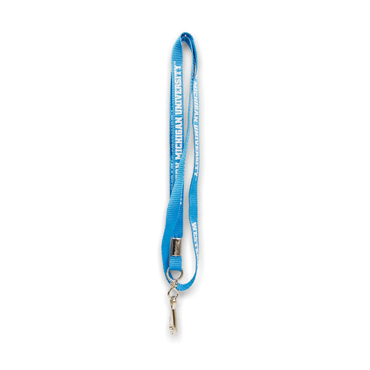A blue woven lanyard featuring the text 'Western Michigan University' in a repeating pattern. The lanyard has a metal clip and is displayed against a white background.