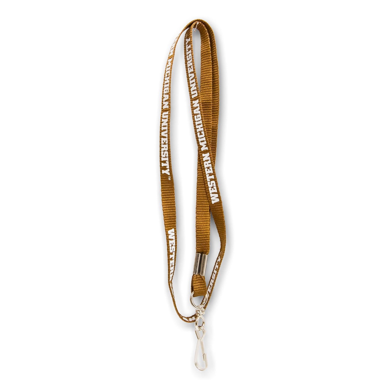 A brown woven lanyard featuring the text 'Western Michigan University' in a repeating pattern. The lanyard has a metal clip and is displayed against a white background.