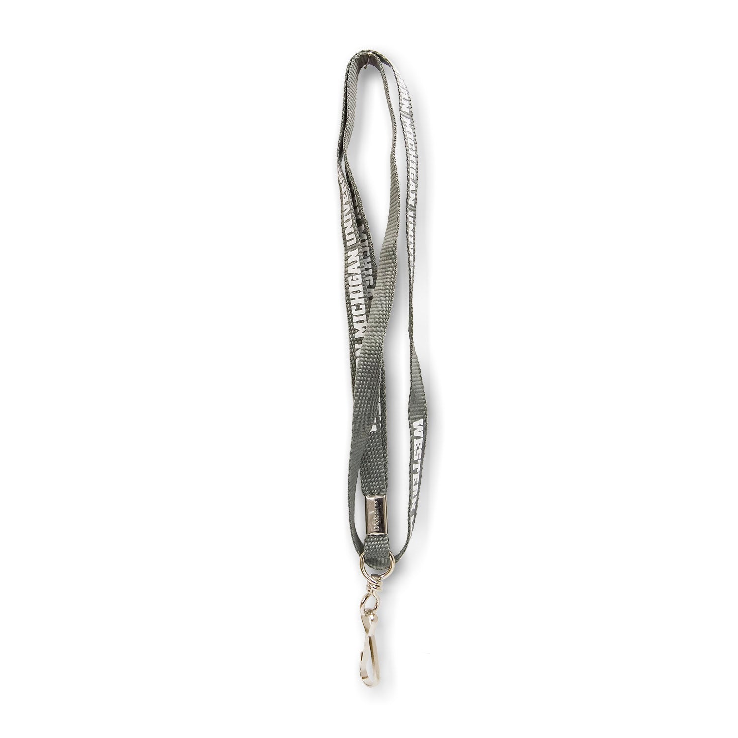 A grey woven lanyard featuring the text 'Western Michigan University' in a repeating pattern. The lanyard has a metal clip and is displayed against a white background.