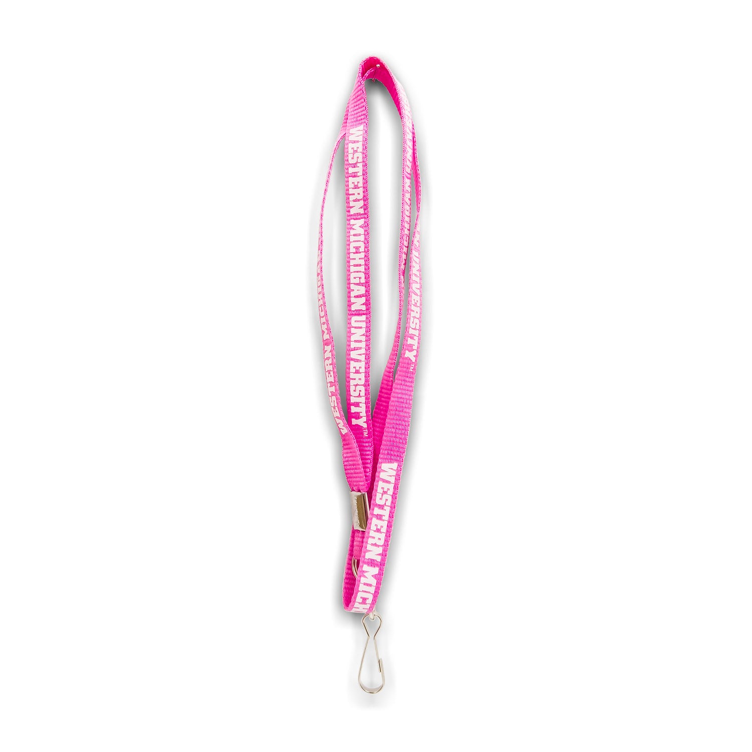 A pink woven lanyard featuring the text 'Western Michigan University' in a repeating pattern. The lanyard has a metal clip and is displayed against a white background.