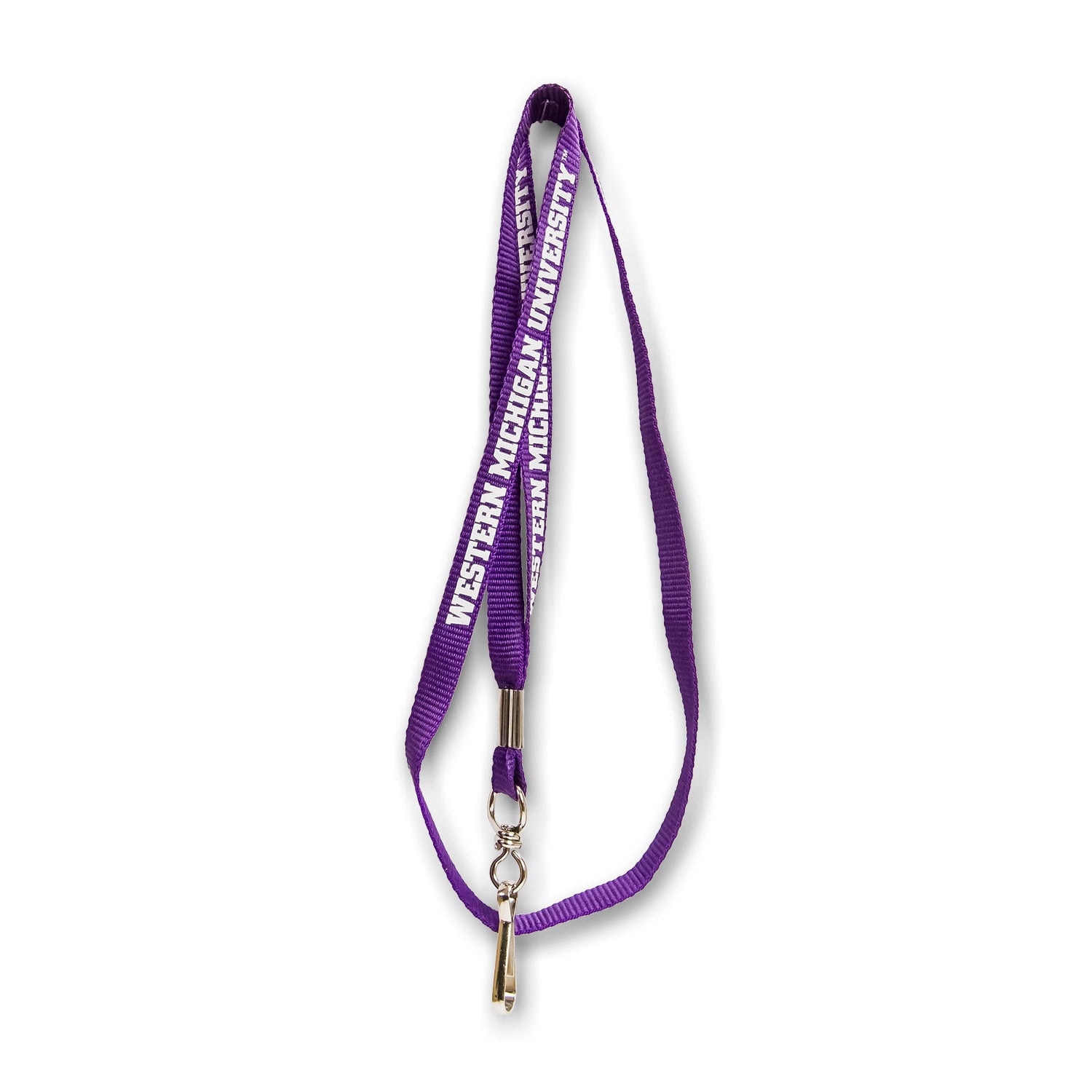 A purple woven lanyard featuring the text 'Western Michigan University' in a repeating pattern. The lanyard has a metal clip and is displayed against a white background.