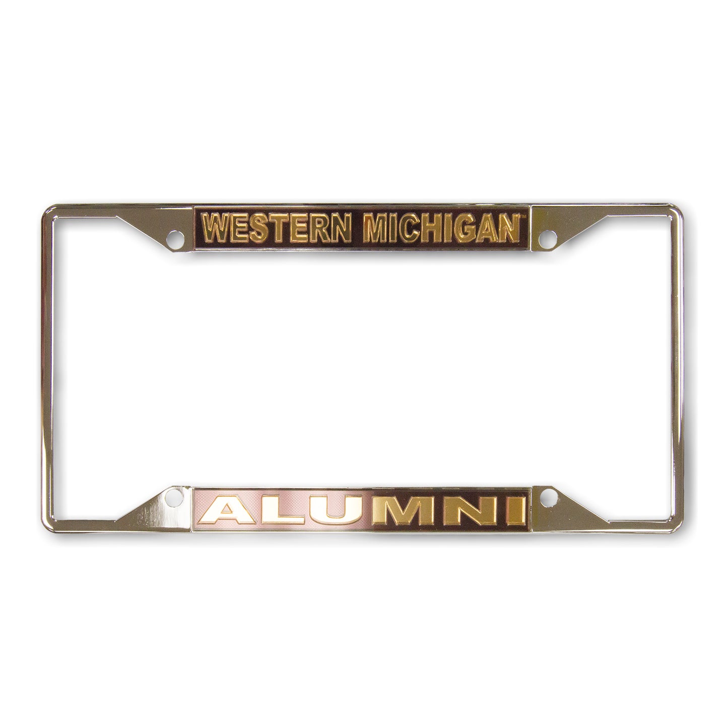 A black and gold metal license plate frame with 'Western Michigan Alumni' text.