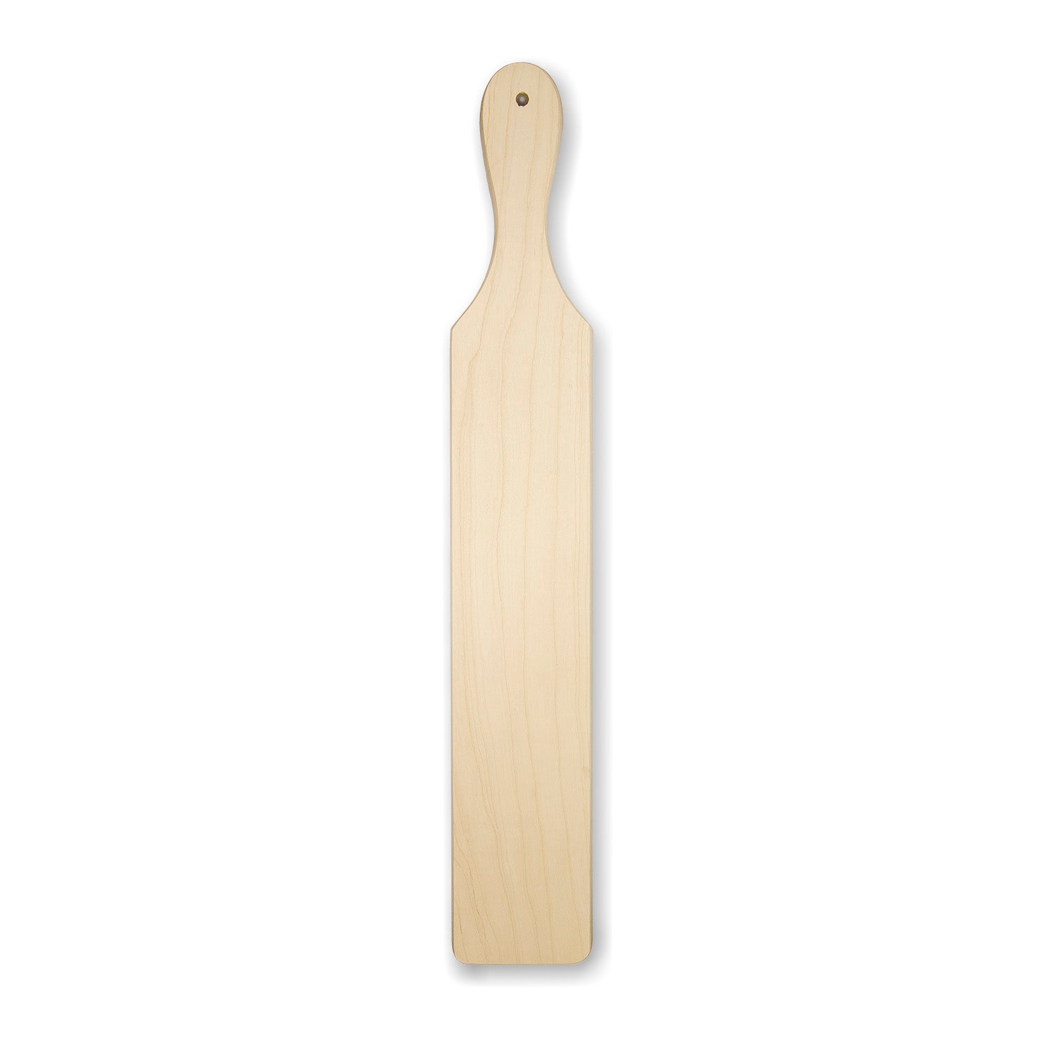 A plain wooden paddle with a handle, displayed against a white background.