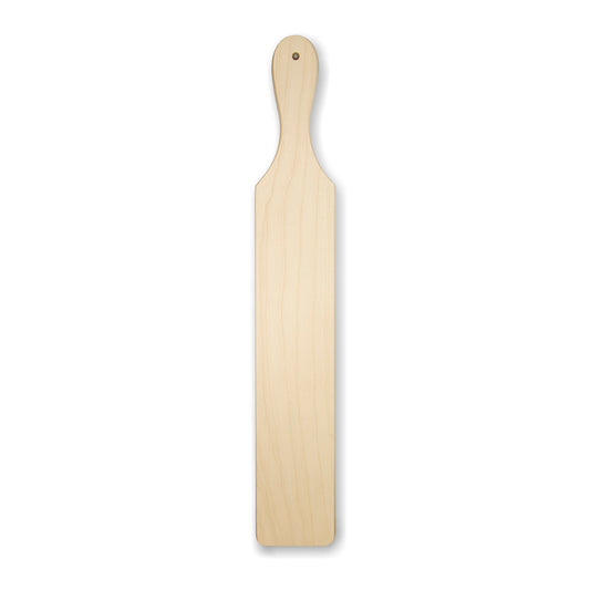 A plain wooden paddle with a handle, displayed against a white background.