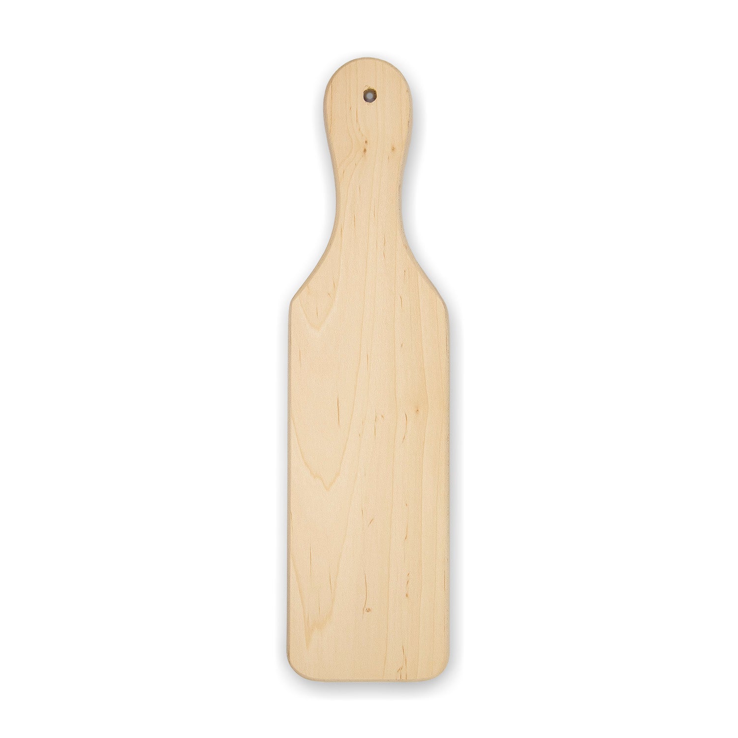 A plain wooden paddle with a handle on top, displayed against a white background.