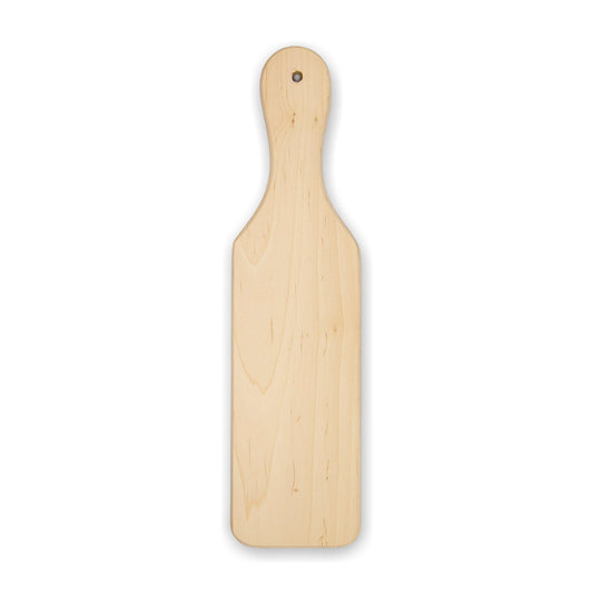 A plain wooden paddle with a handle on top, displayed against a white background.