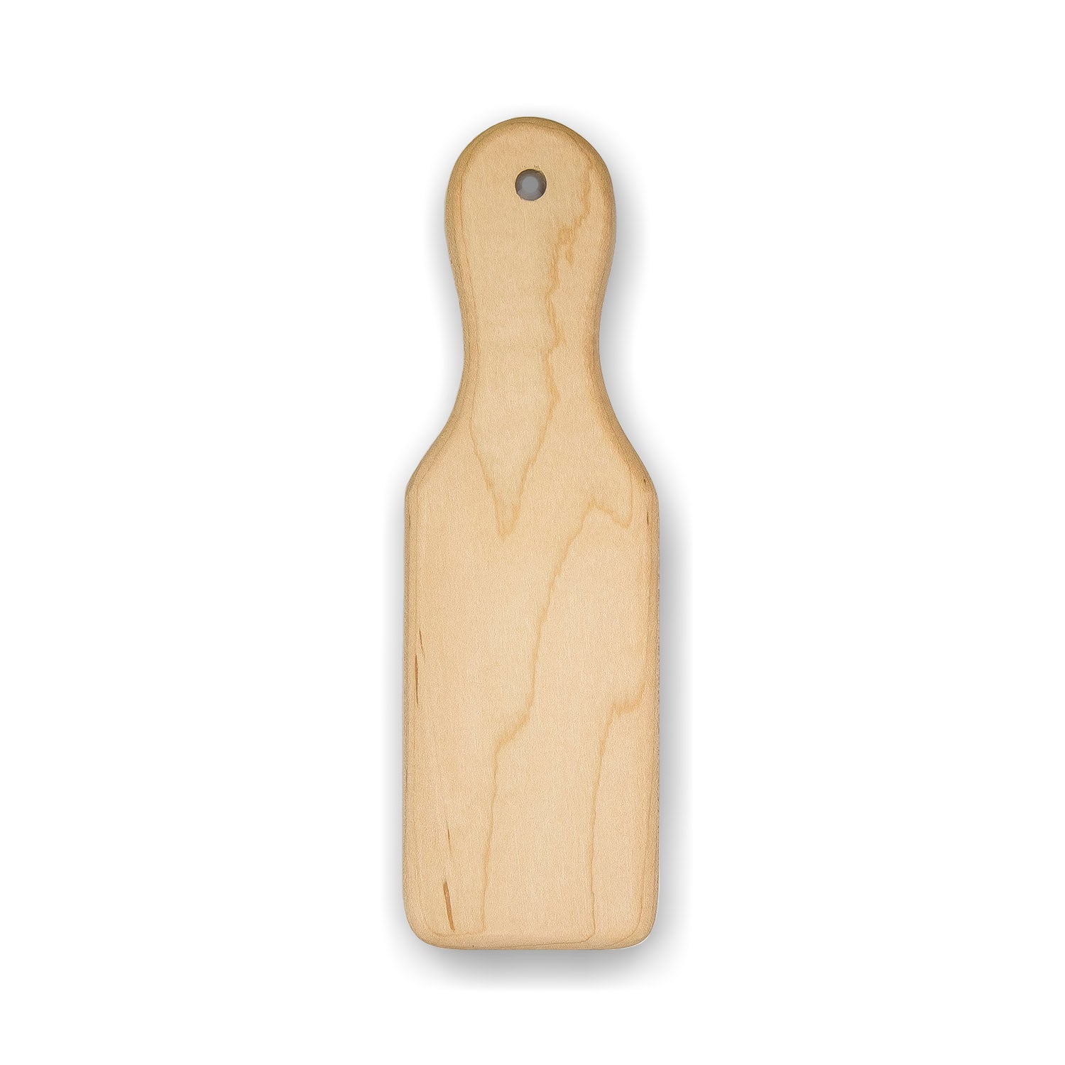 A beige wooden paddle with a round handle and a flat rectangular body, with natural wood grain patterns.