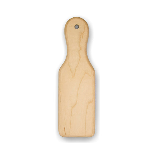 A beige wooden paddle with a round handle and a flat rectangular body, with natural wood grain patterns.