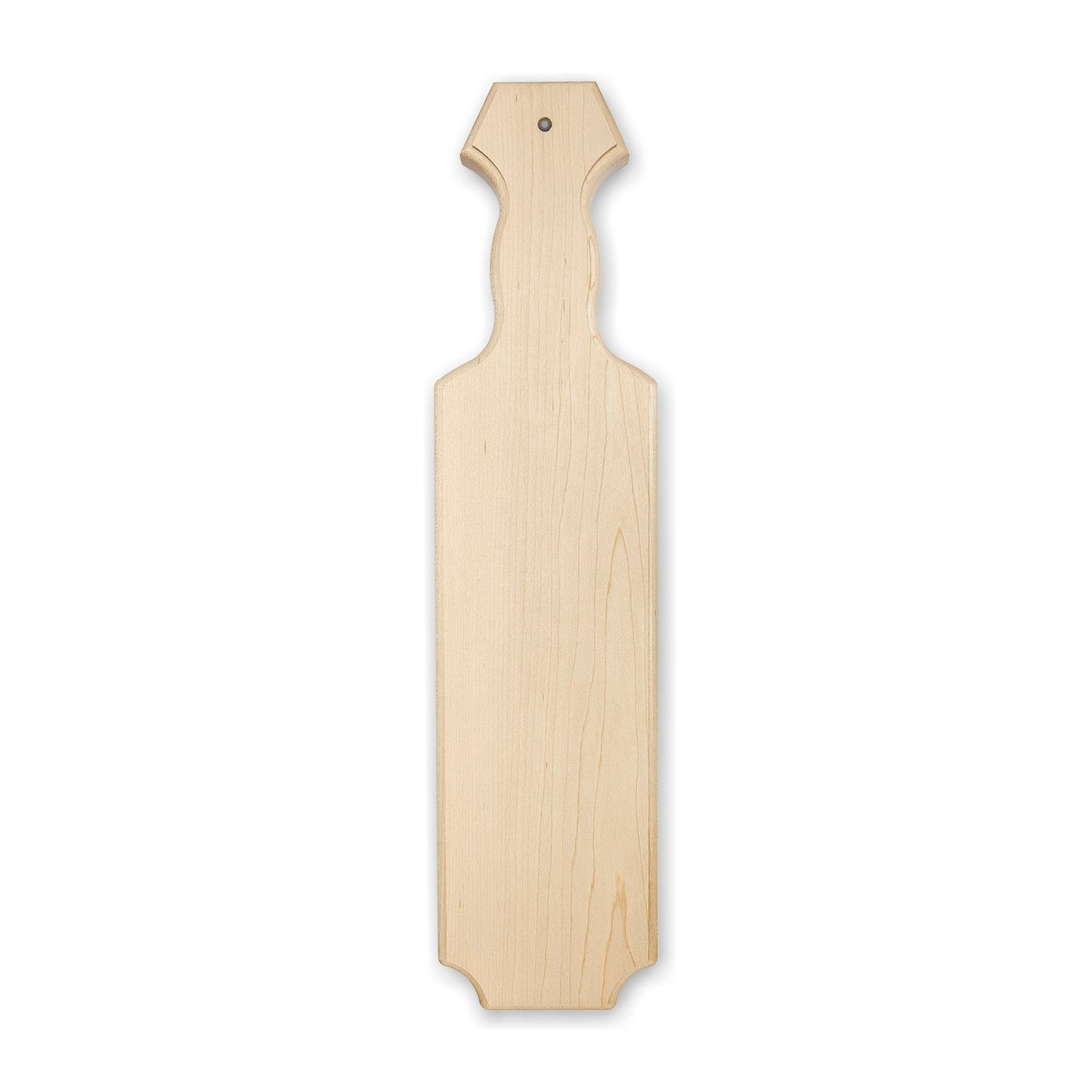 A plain wooden paddle with a handle, displayed against a white background.