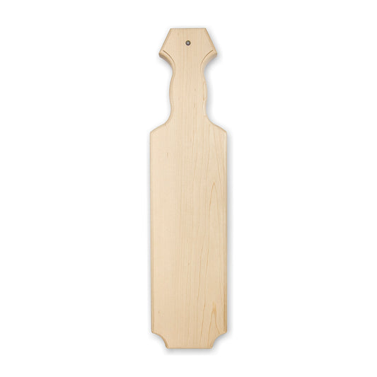A plain wooden paddle with a handle, displayed against a white background.