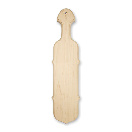 A wooden paddle with a handle, displayed against a white background.