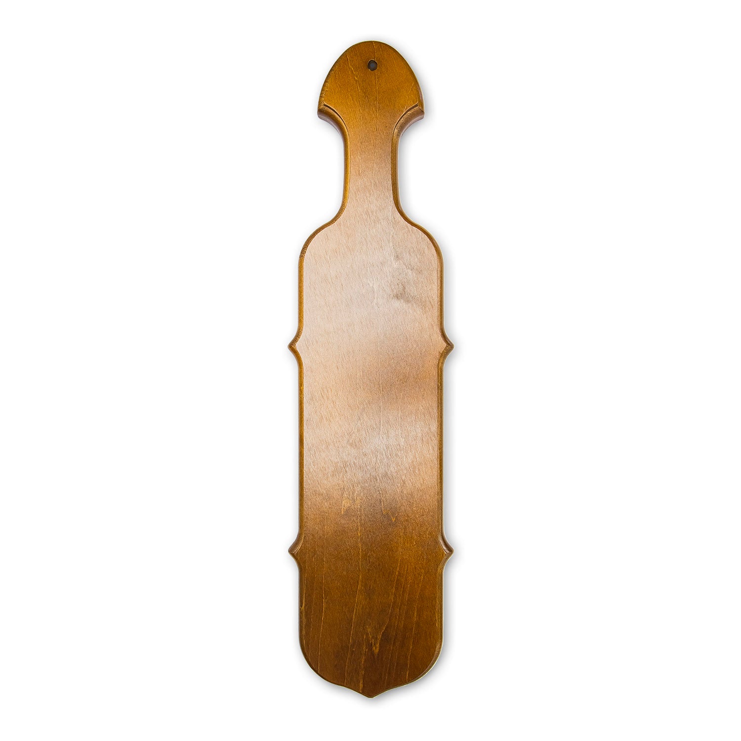 A wooden paddle with a handle, displayed against a white background.