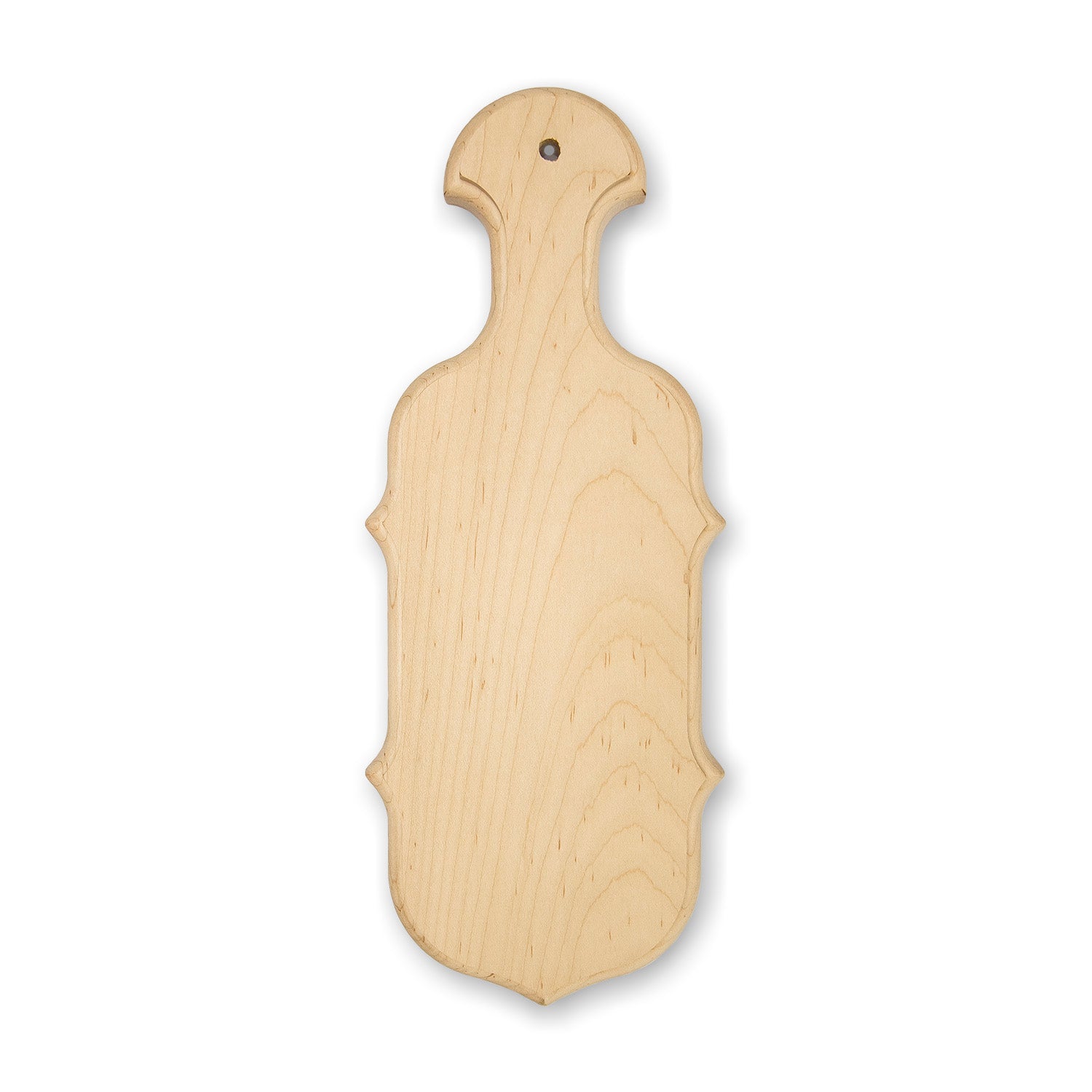 A wooden paddle with a handle, viewed from the top, showing a natural wood finish and a hole at the top for hanging.