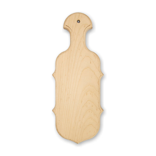 A wooden paddle with a handle, viewed from the top, showing a natural wood finish and a hole at the top for hanging.