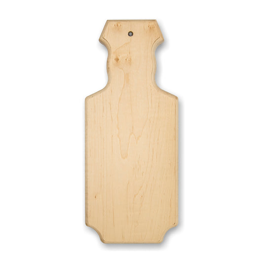A beige wooden paddle with a handle, displayed against a white background.
