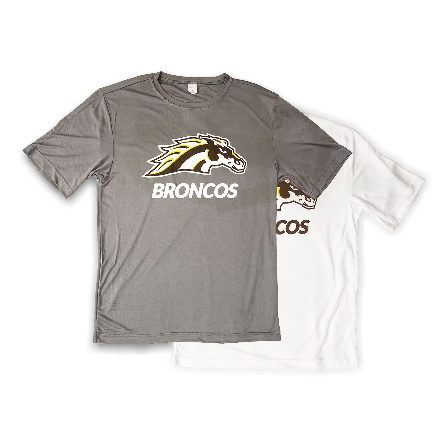 Two athletic tees, one gray and one white, each with the word 'BRONCOS' and a horse head logo printed on the front.