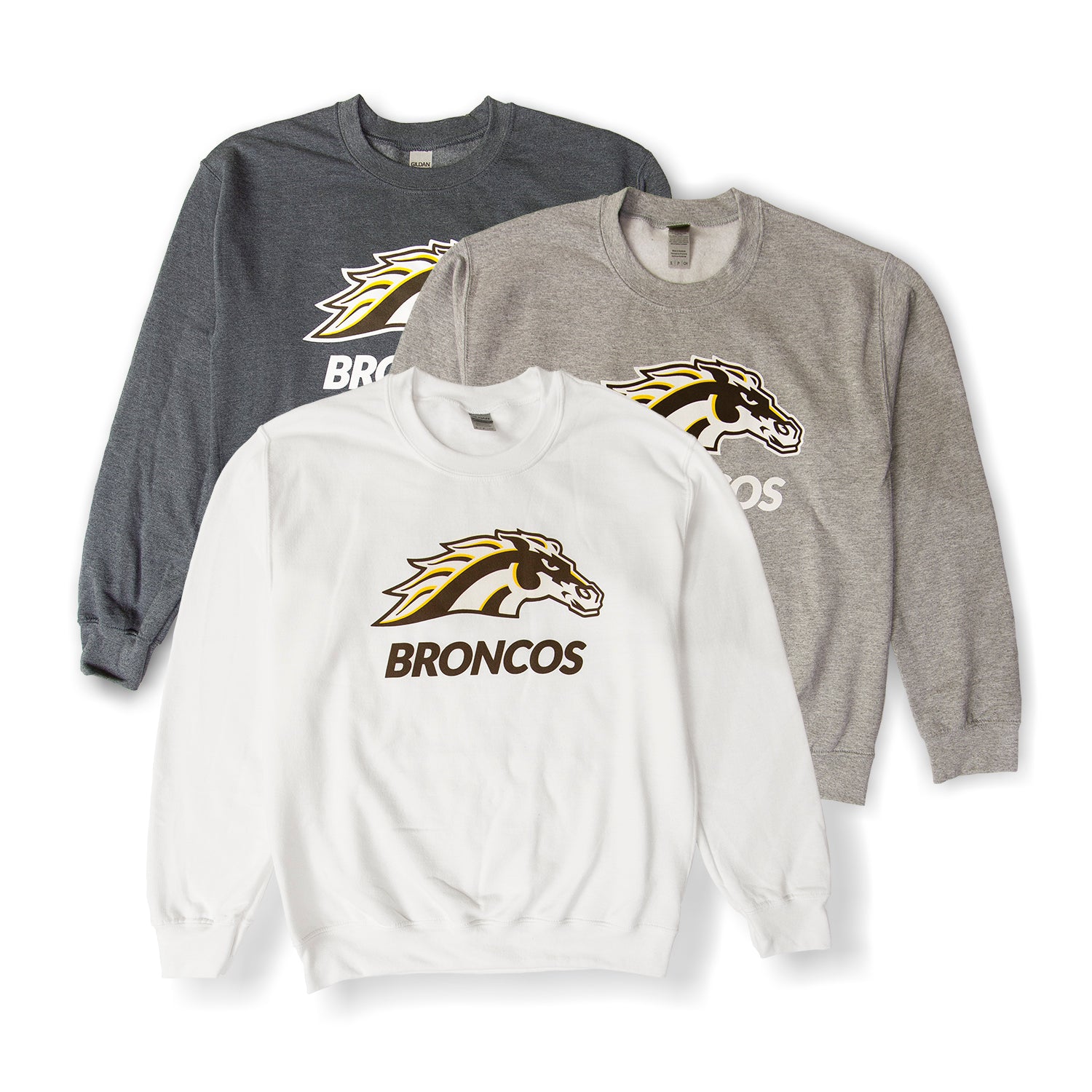 Three crewneck sweatshirts in white, sport grey, and dark heather colors, all featuring a broncos logo on the front.