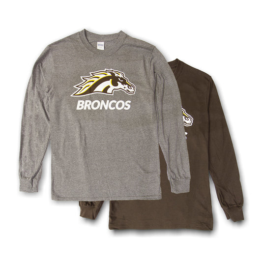 Two long sleeve t-shirts, one in graphite heather and the other in dark chocolate color, both featuring the word 'BRONCOS' and a bronco horse head logo on the front.