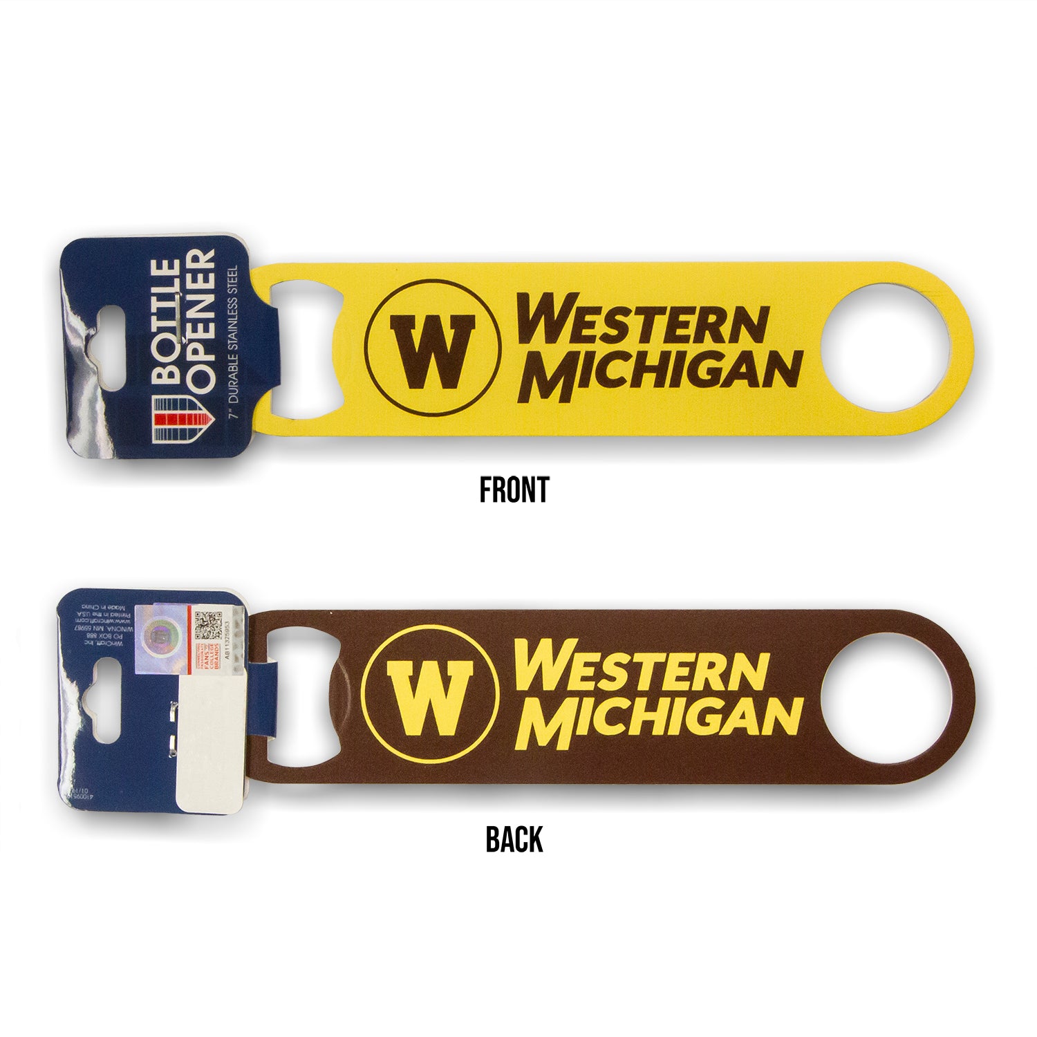 A stainless steel bottle opener with 'Western Michigan' text and a logo, featuring a two-tone paint scheme of yellow and brown.
