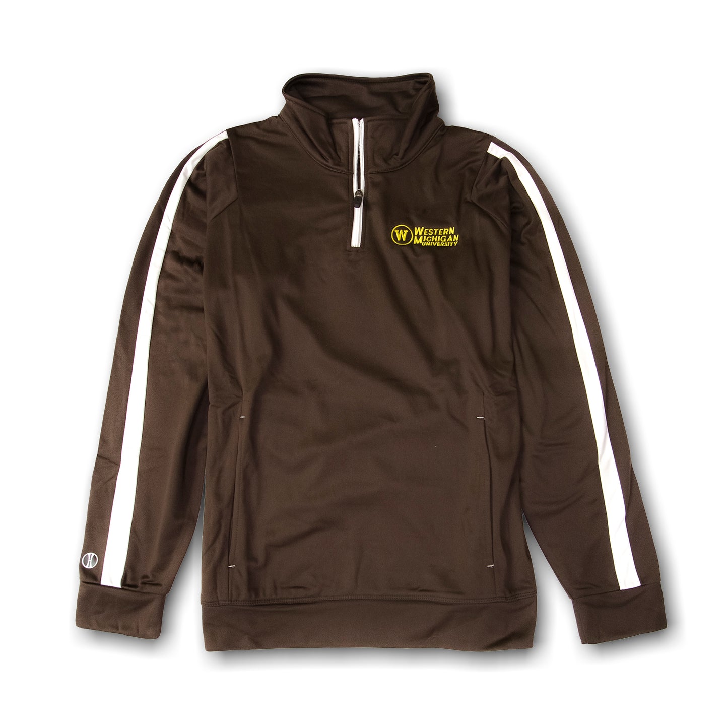 A brown quarter-zip jacket with white stripes on the sleeves, a front pouch pocket, and embroidered 'Western Michigan University' logo on the chest.