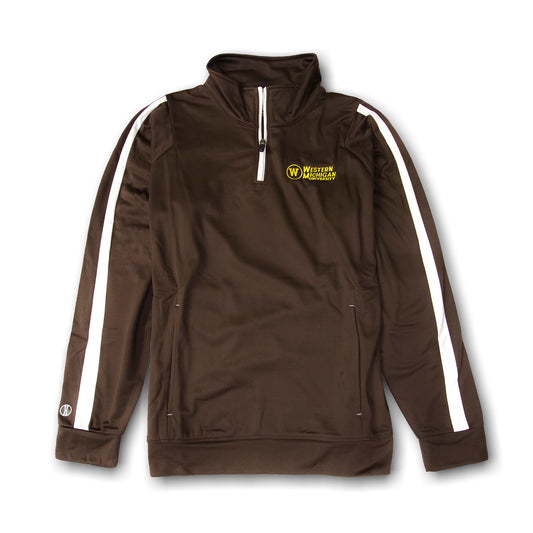 A brown quarter-zip jacket with white stripes on the sleeves, a front pouch pocket, and embroidered 'Western Michigan University' logo on the chest.