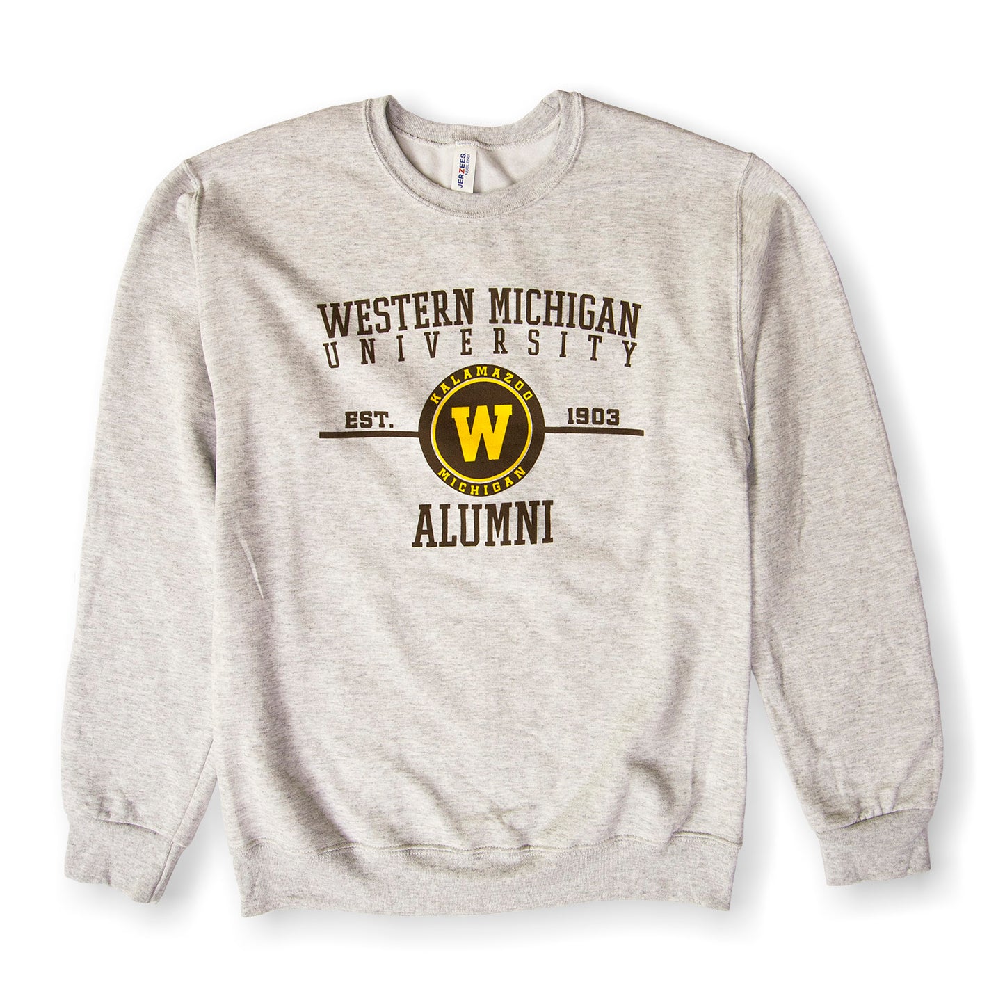 A gray Western Michigan University Alumni crewneck sweatshirt.