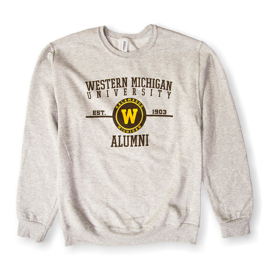 A gray Western Michigan University Alumni crewneck sweatshirt.