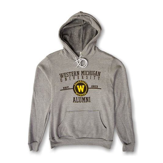 A gray hooded sweatshirt with 'Western Michigan University Alumni' printed on the front.