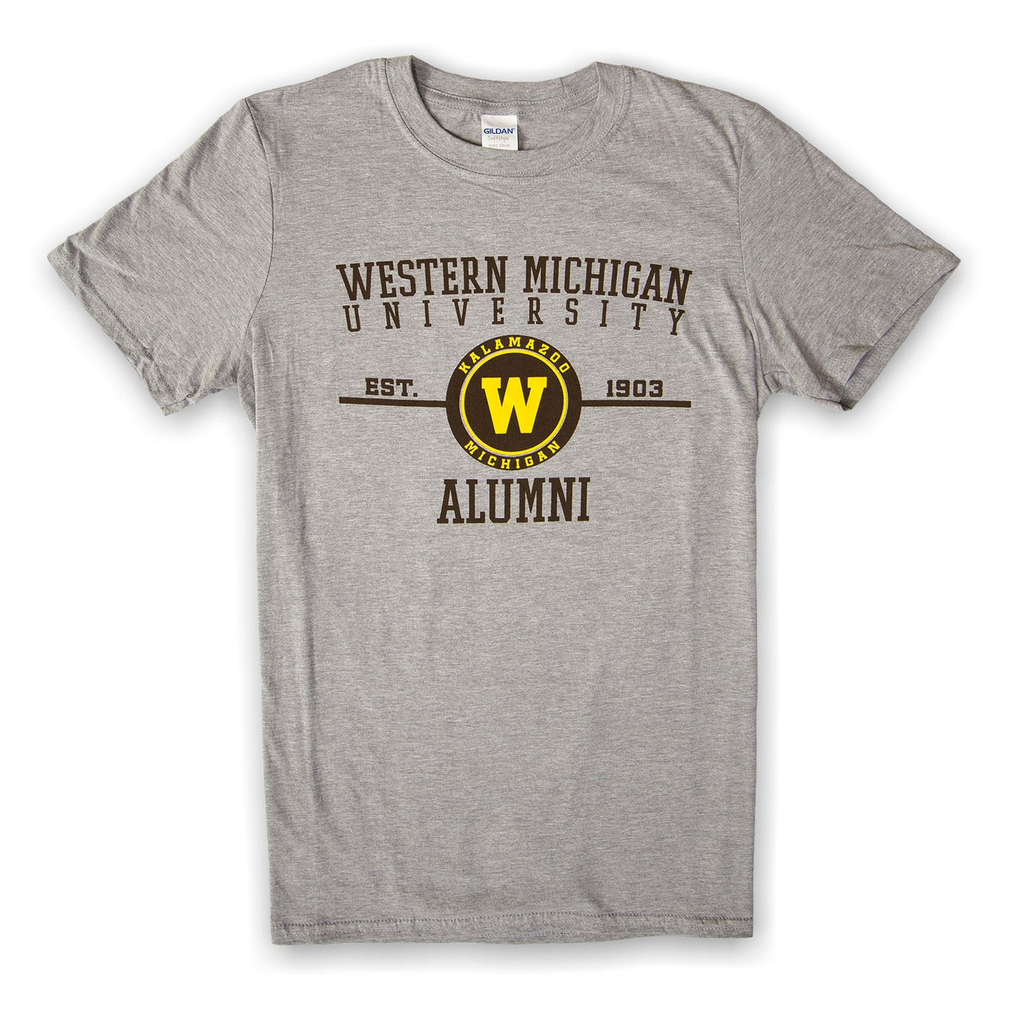 A gray t-shirt with 'Western Michigan University Alumni' text and a 'W' logo in yellow and brown on the front.