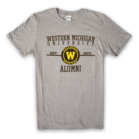 A gray t-shirt with 'Western Michigan University Alumni' text and a 'W' logo in yellow and brown on the front.