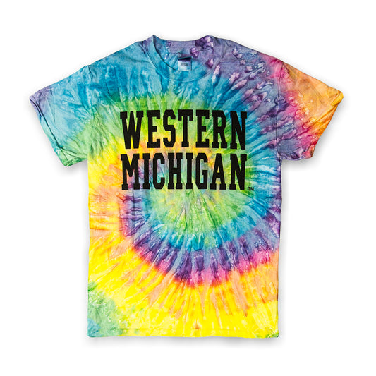 A tie-dye t-shirt with a colorful pattern and the text 'WESTERN MICHIGAN' printed across the front.
