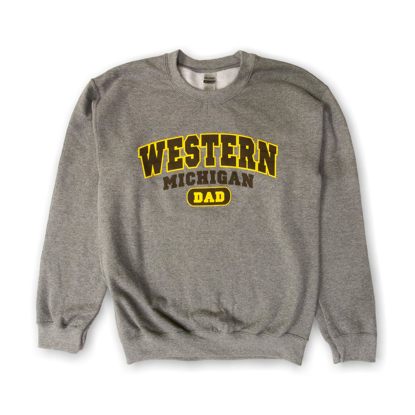 A gray crewneck sweatshirt with 'Western Michigan Dad' printed in yellow and brown on the front.
