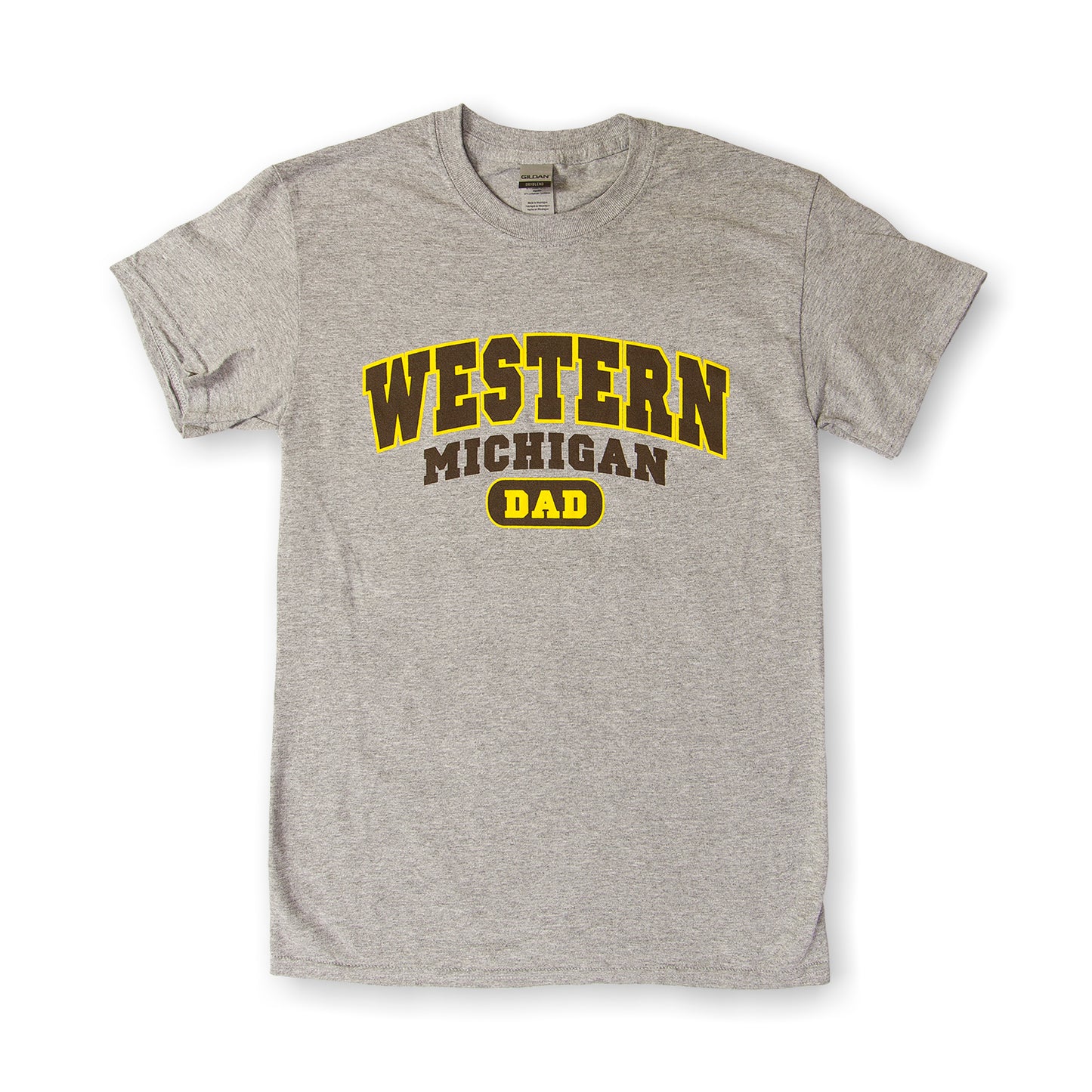 A gray t-shirt with 'WESTERN MICHIGAN DAD' printed in brown and yellow letters.