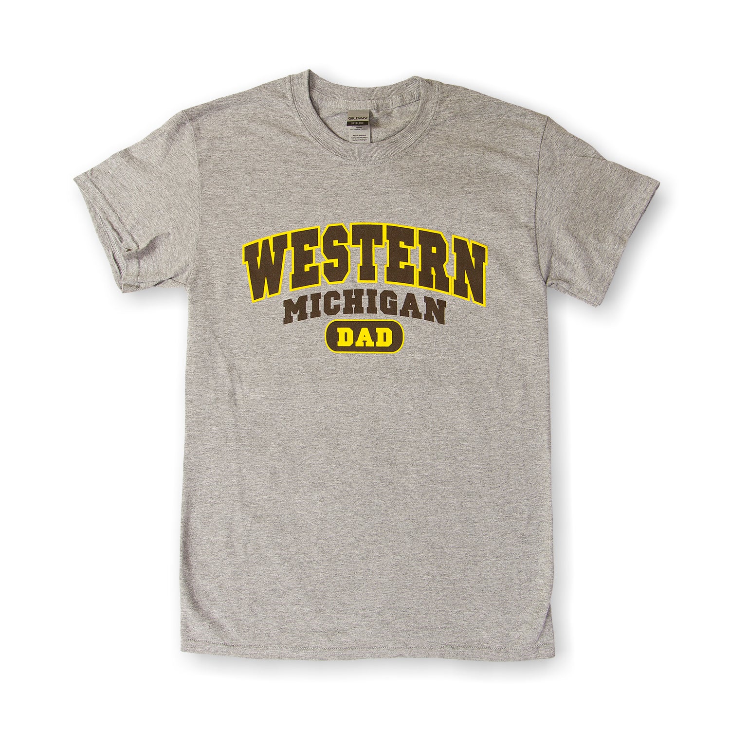 A gray t-shirt with 'WESTERN MICHIGAN DAD' printed in brown and yellow letters.