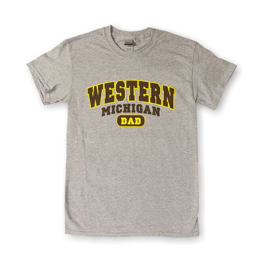 A gray t-shirt with 'WESTERN MICHIGAN DAD' printed in brown and yellow letters.