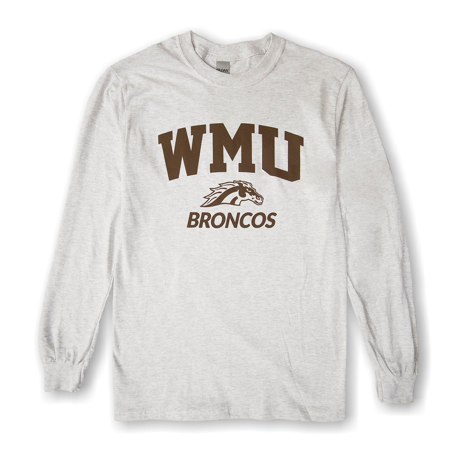 A long sleeve gray t-shirt with 'WMU BRONCOS' printed on the front.