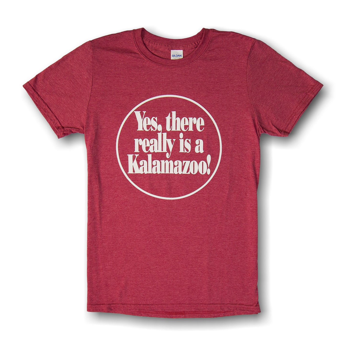 Red t-shirt with the text 'Yes, there really is a Kalamazoo!' printed in white.